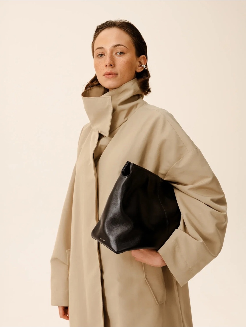 NEW POELLE Elza Leather Clutch in Black